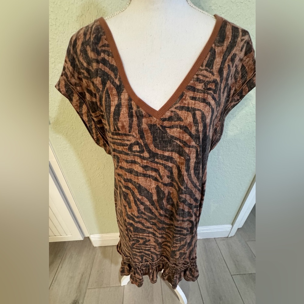 Anthropologie Daily Practice Tiger Zebra Ruffled Tunic Dress - S